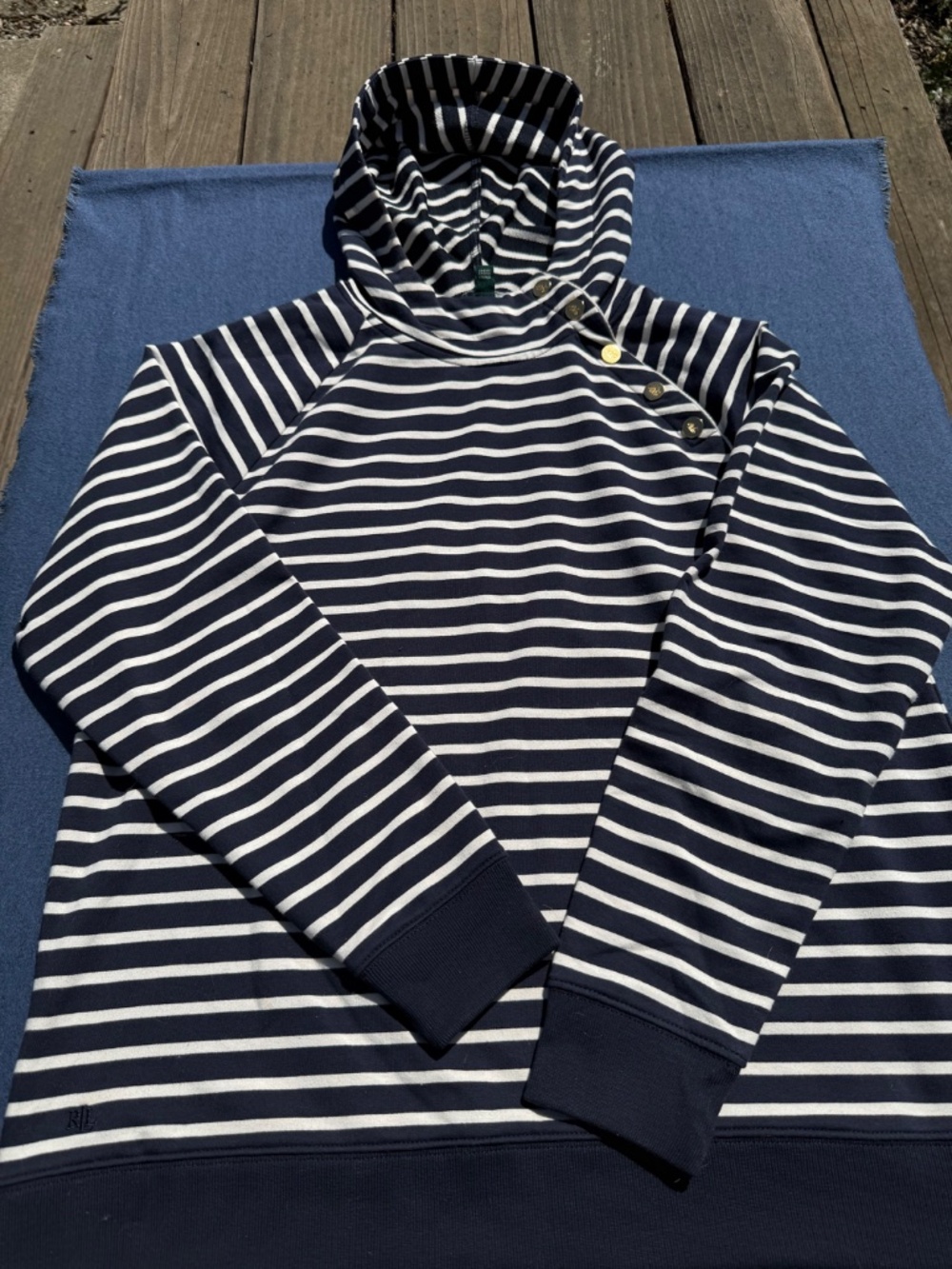 L - Classic blue and white Ralph Lauren stripe hoodie